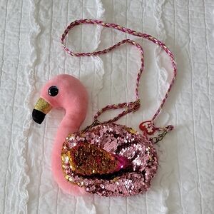 Ty Gilda Sequin Flamingo Purse Pink & Gold With Braided Metallic Adjust. Strap